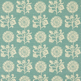 Detail of fabric in a repeating sunflower print in cream on a blue field.