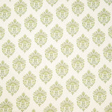 Detail of fabric in a floral paisley print in shades of green on a white field.