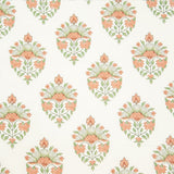 Detail of wallpaper in a floral paisley print in shades of green and coral on a white field.