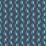 Painterly wavy stripe wallpaper in blues and teal on navy field. 