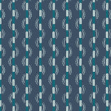 Painterly wavy stripe wallpaper in blues and teal on navy field. 