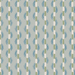 Painterly wavy stripe wallpaper in green and blue on a light blue field. 