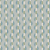 Painterly wavy stripe wallpaper in green and blue on a light blue field. 