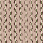 Painterly wavy stripe wallpaper in green and eggplant purple on a pink field. 