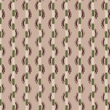 Painterly wavy stripe wallpaper in green and eggplant purple on a pink field. 