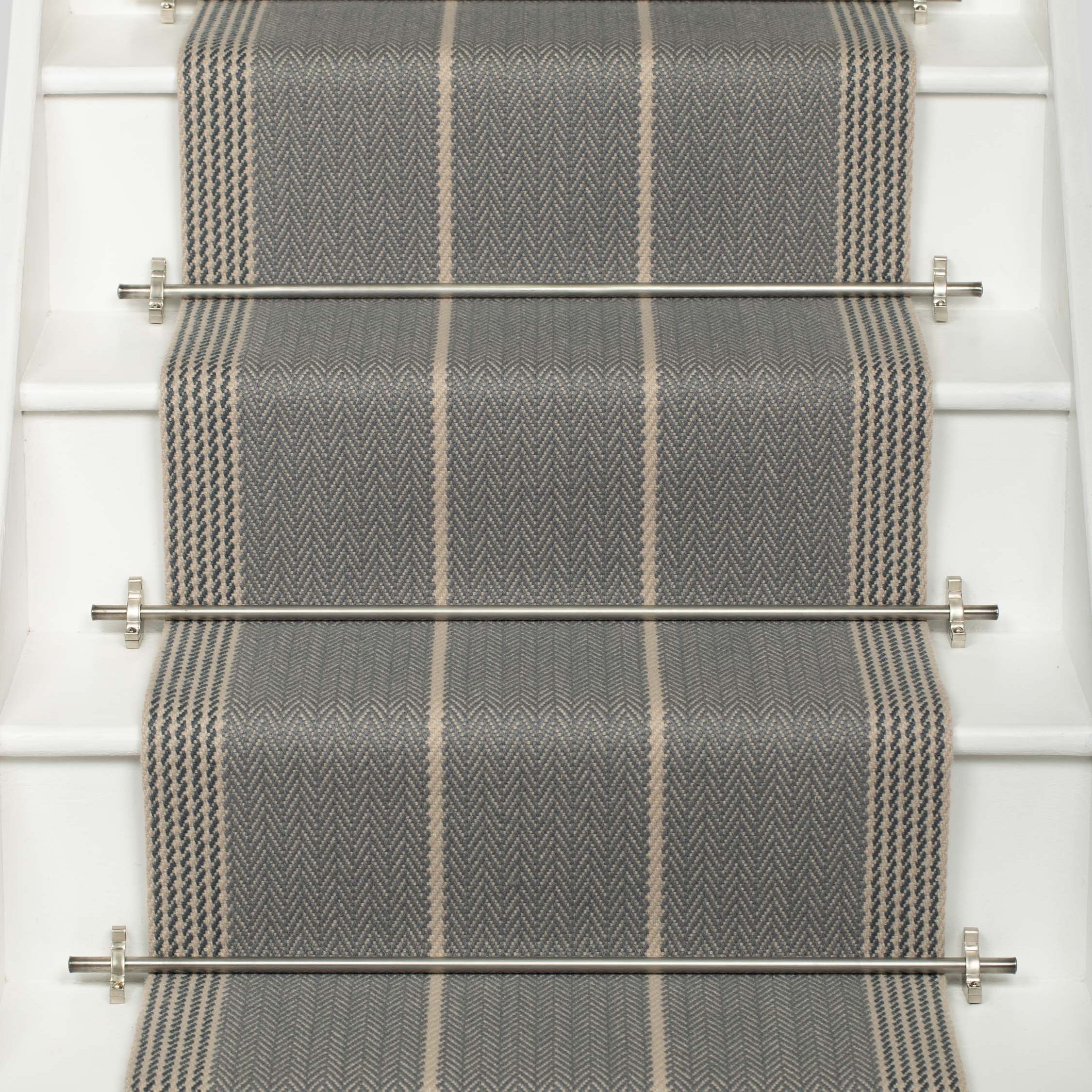 Striped flatweave runner in medium grey on white staircase