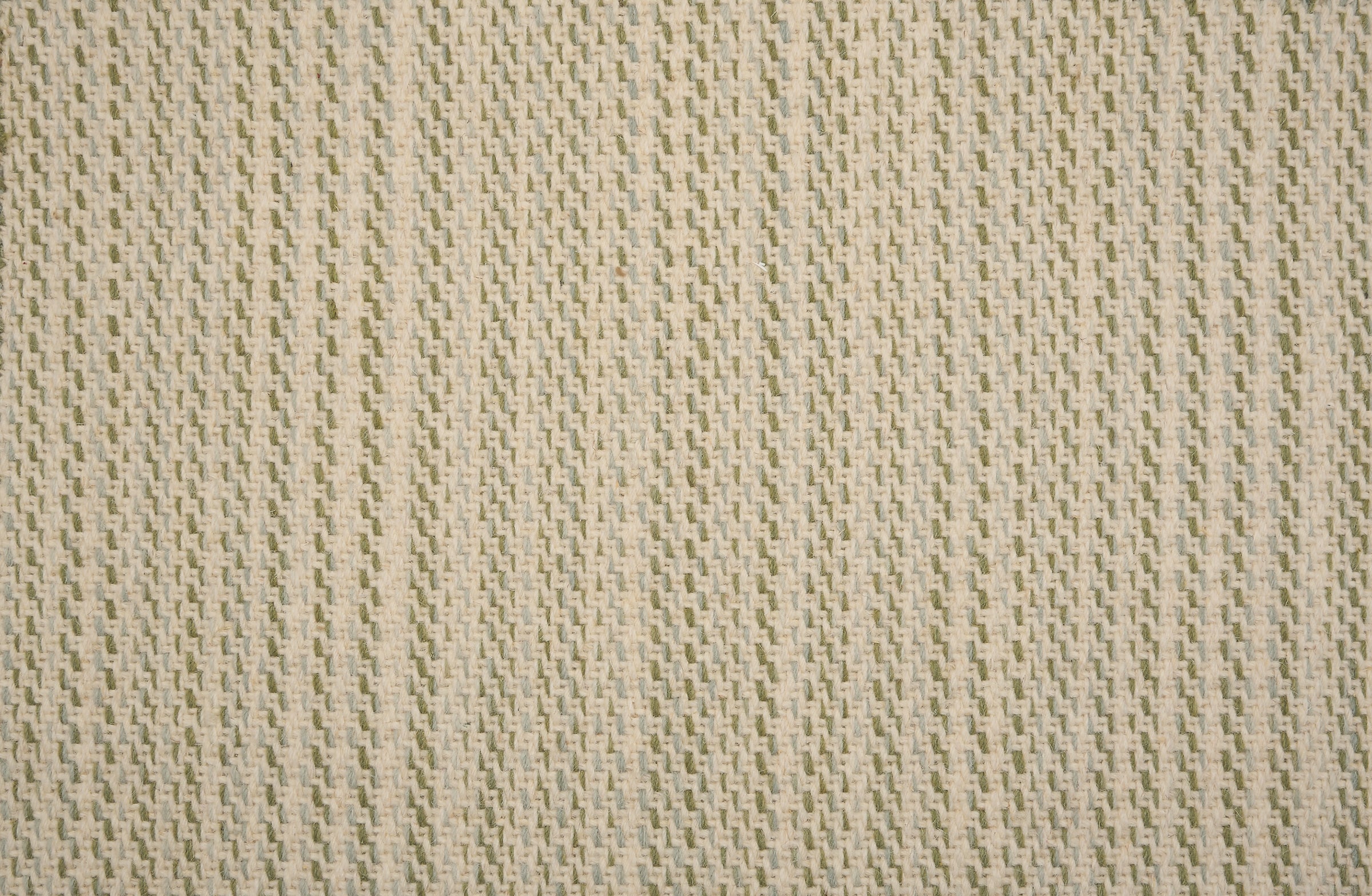 Broadloom carpet in a textural basketweave stripe in cream with stripes of green and light blue