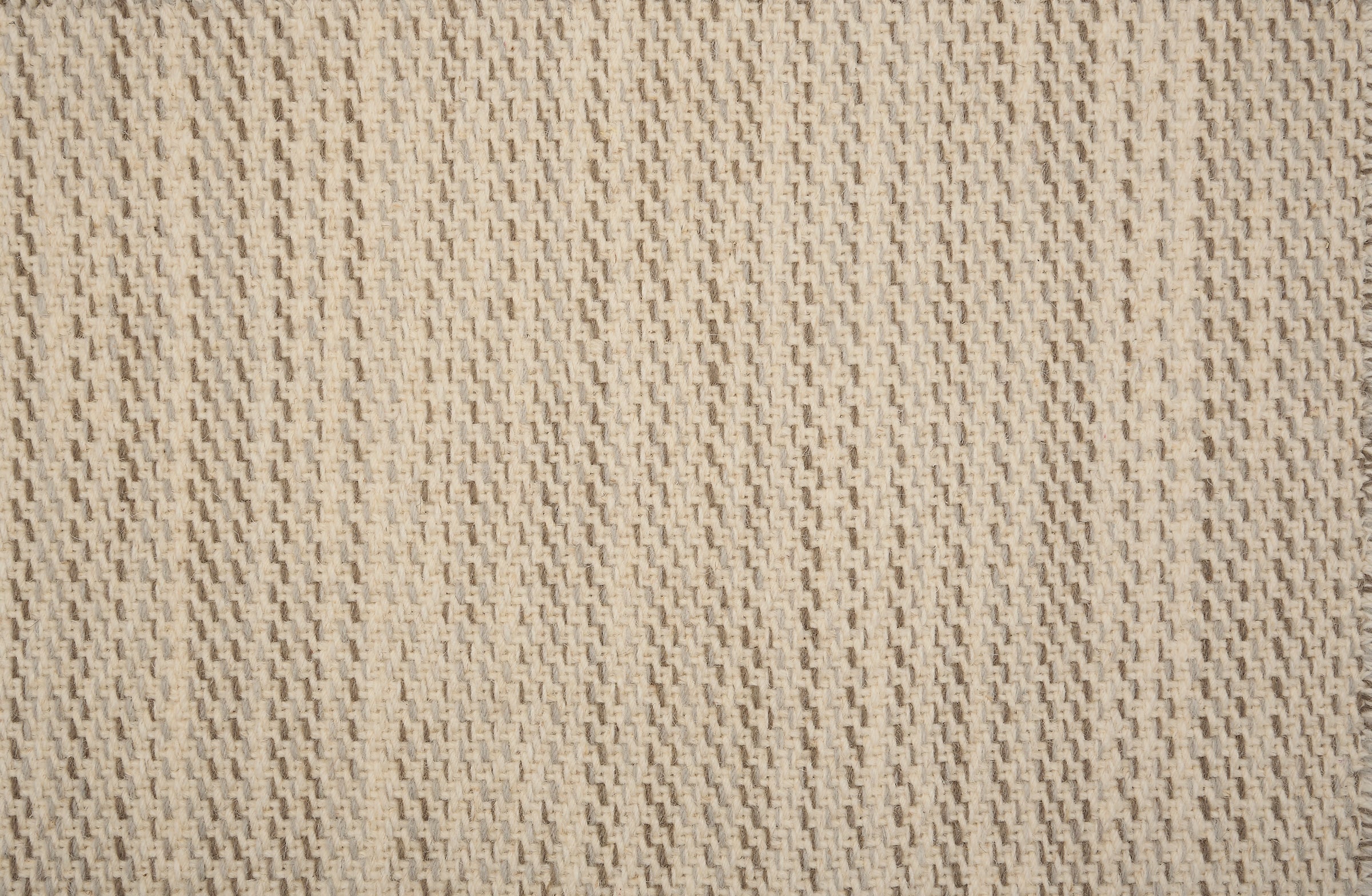 Broadloom carpet in a textural basketweave stripe in cream with stripes of taupe and grey. 