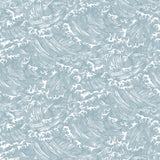 Playful wave print in white on a pastel blue watercolor field.