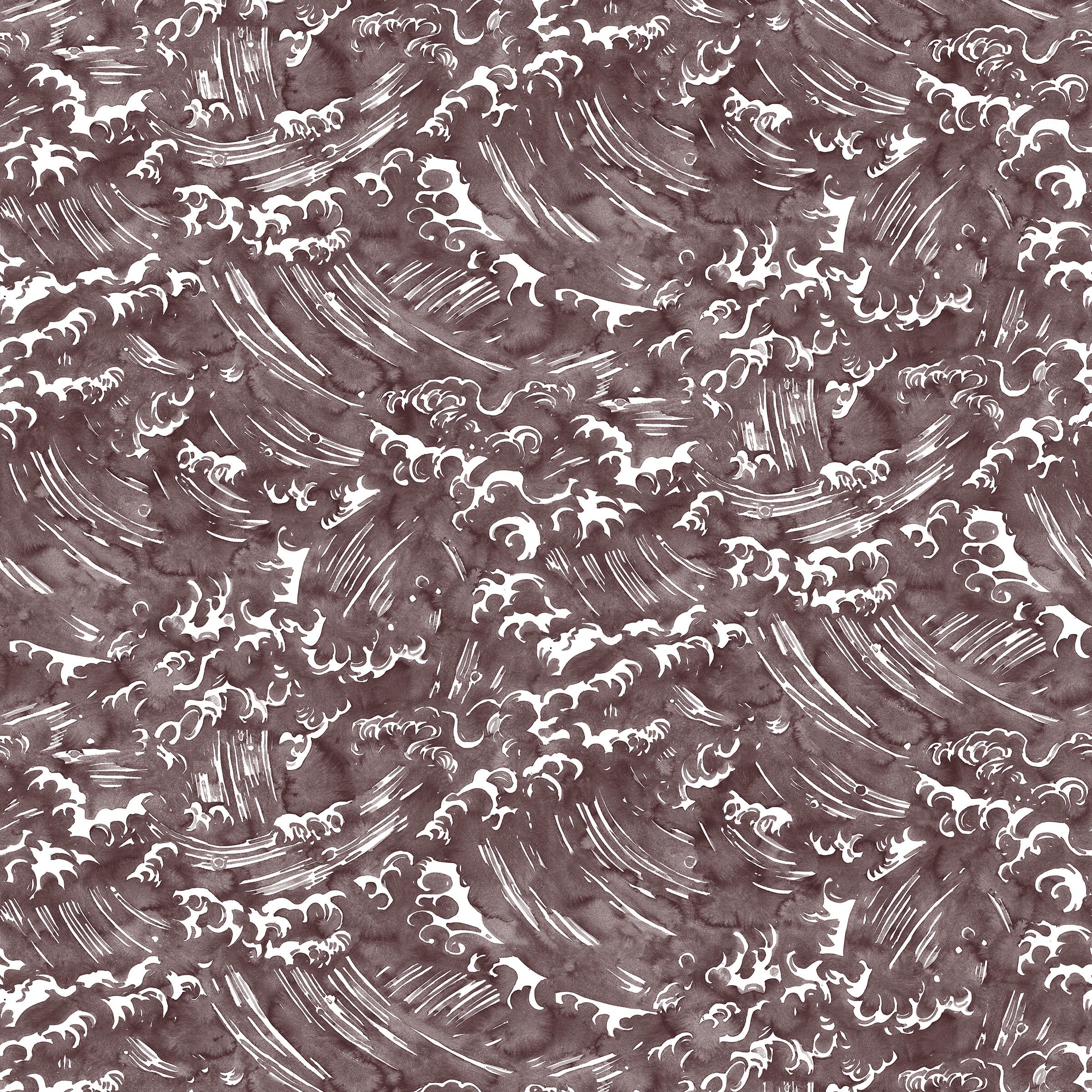 Playful wave print in white on a warm dark grey watercolor field.