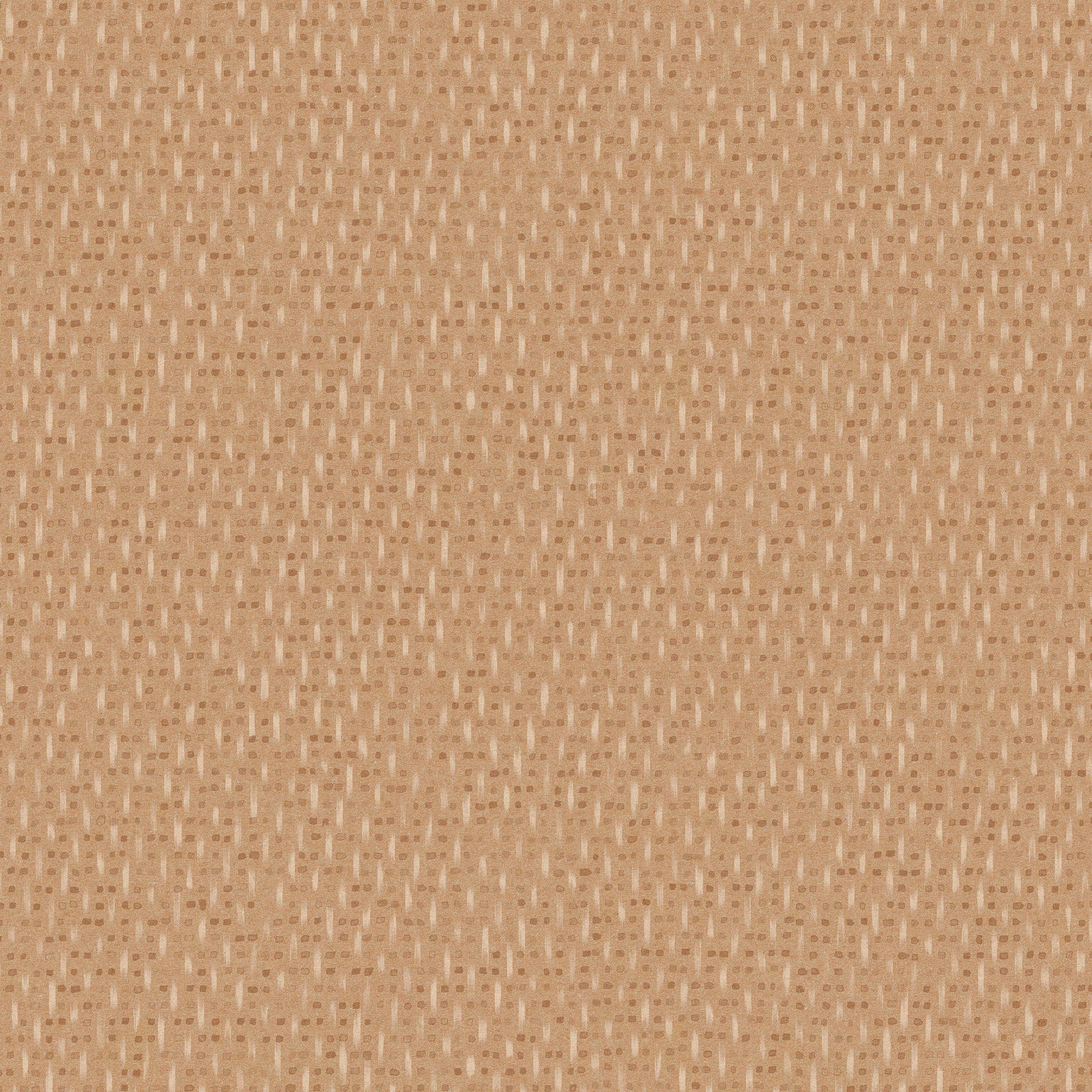 Detail of fabric in a small-scale dot and dash pattern in shades of cream and brown on a bronze field.