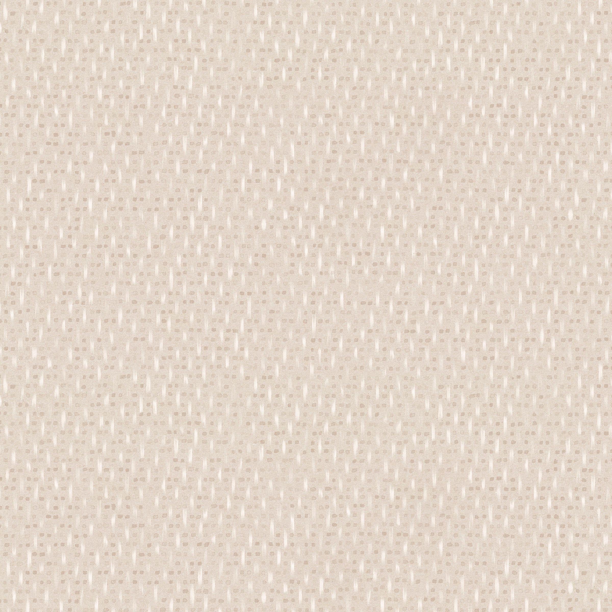 Detail of fabric in a small-scale dot and dash pattern in shades of cream and white on a cream field.
