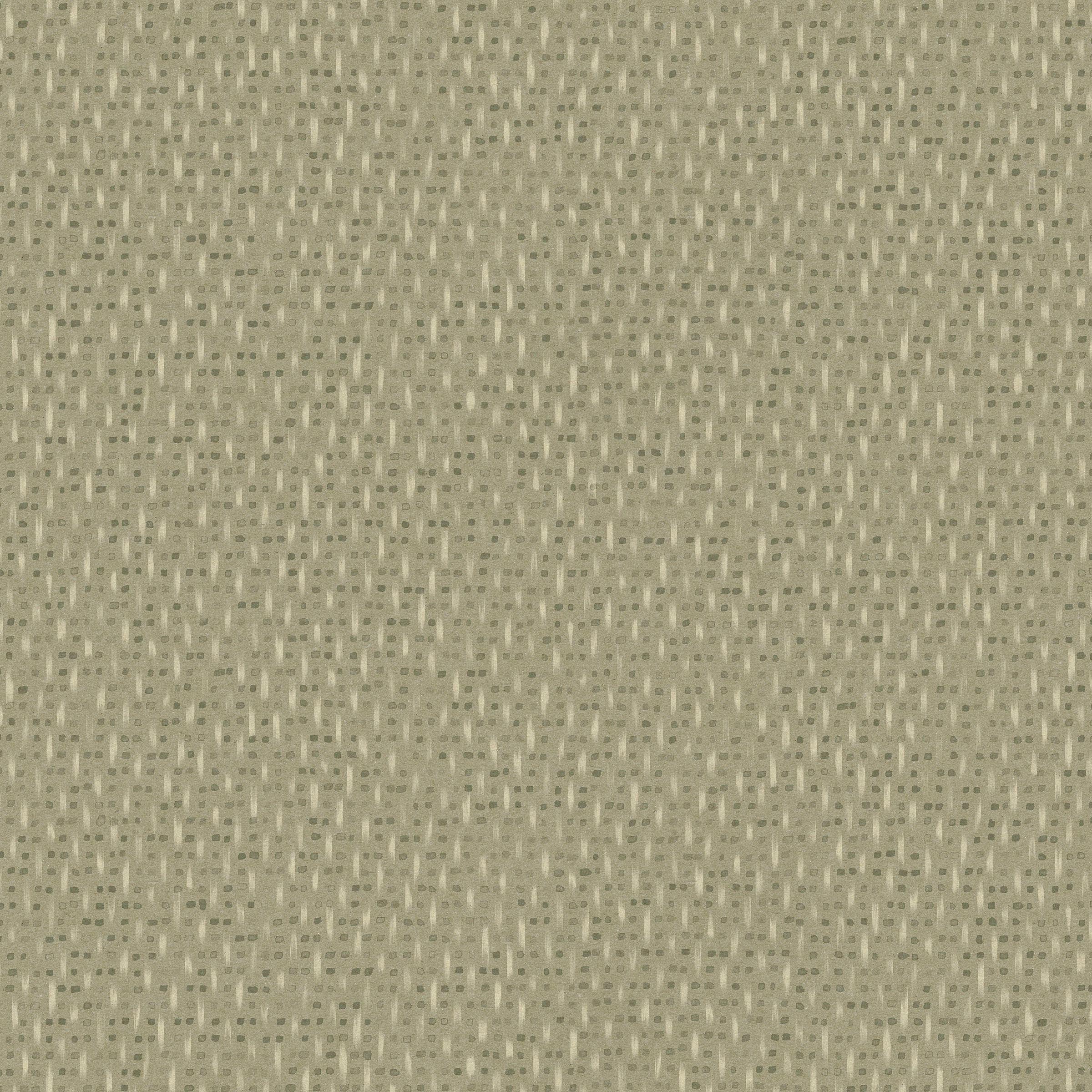 Detail of fabric in a small-scale dot and dash pattern in shades of cream and green on a sage field.