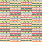 Detail of wallpaper in a playful geometric grid print in shades of pink, orange and green.