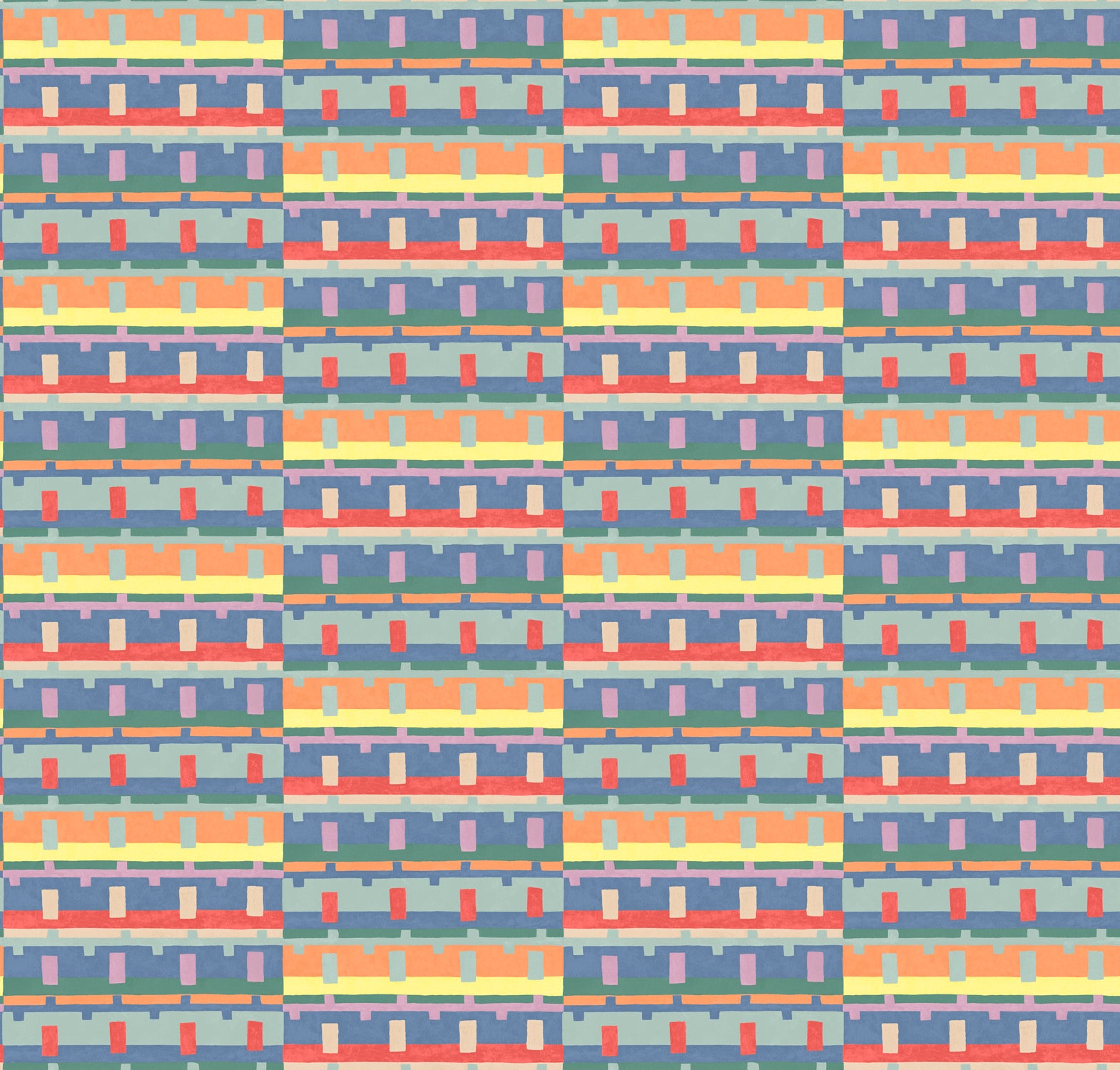 Detail of wallpaper in a playful geometric grid print in shades of purple, red, blue and orange.