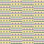 Detail of wallpaper in a playful geometric grid print in shades of purple, yellow and green.