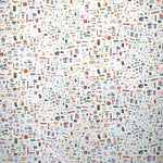 Detail of fabric in a playful illustrated "stuff" print in multicolor pastels on a white field.