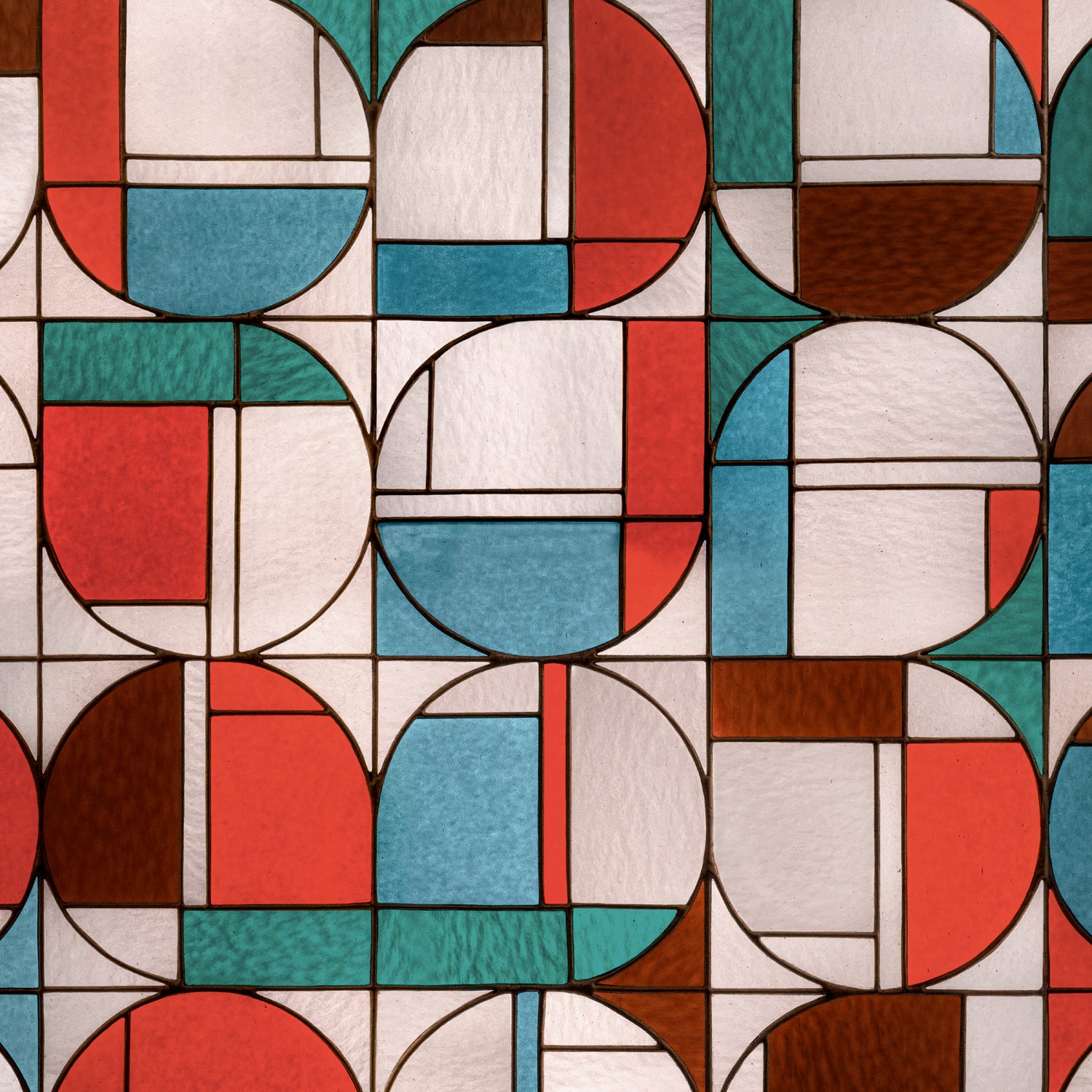 Wallpaper with geometric stained glass pattern pattern with red, blue, brown and white. 