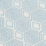 Detail of fabric with a playful embroidered geometric grid print in light blue on a white field.