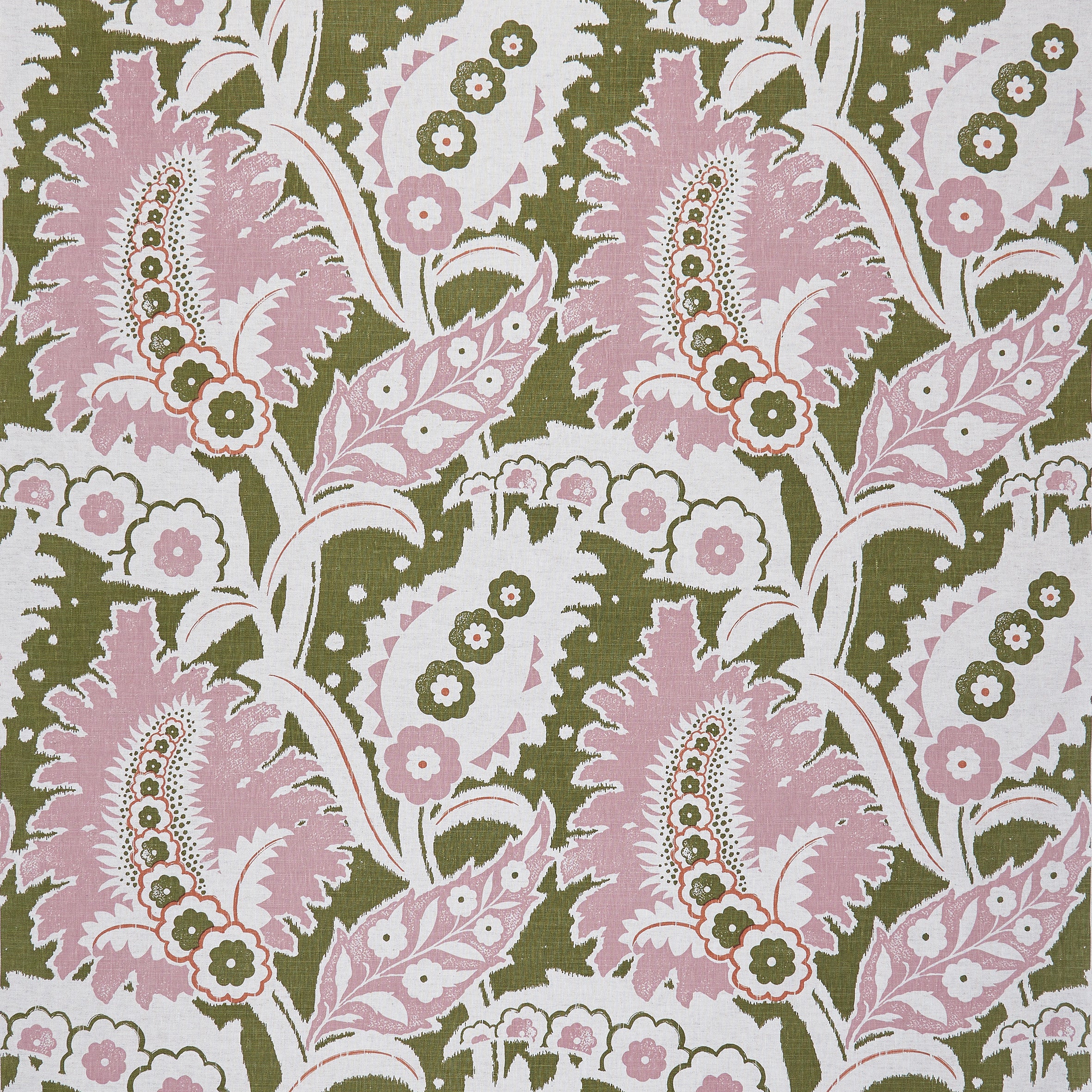 Detail of fabric in a botanical paisley print in shades of white, purple and bronze on a green field.