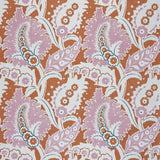 Detail of fabric in a botanical paisley print in shades of white, pink and navy on a purple field.