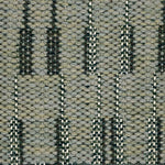 Close-up of a woven rug with a textured stacked stripe design in sage green, forest  green and cream. 