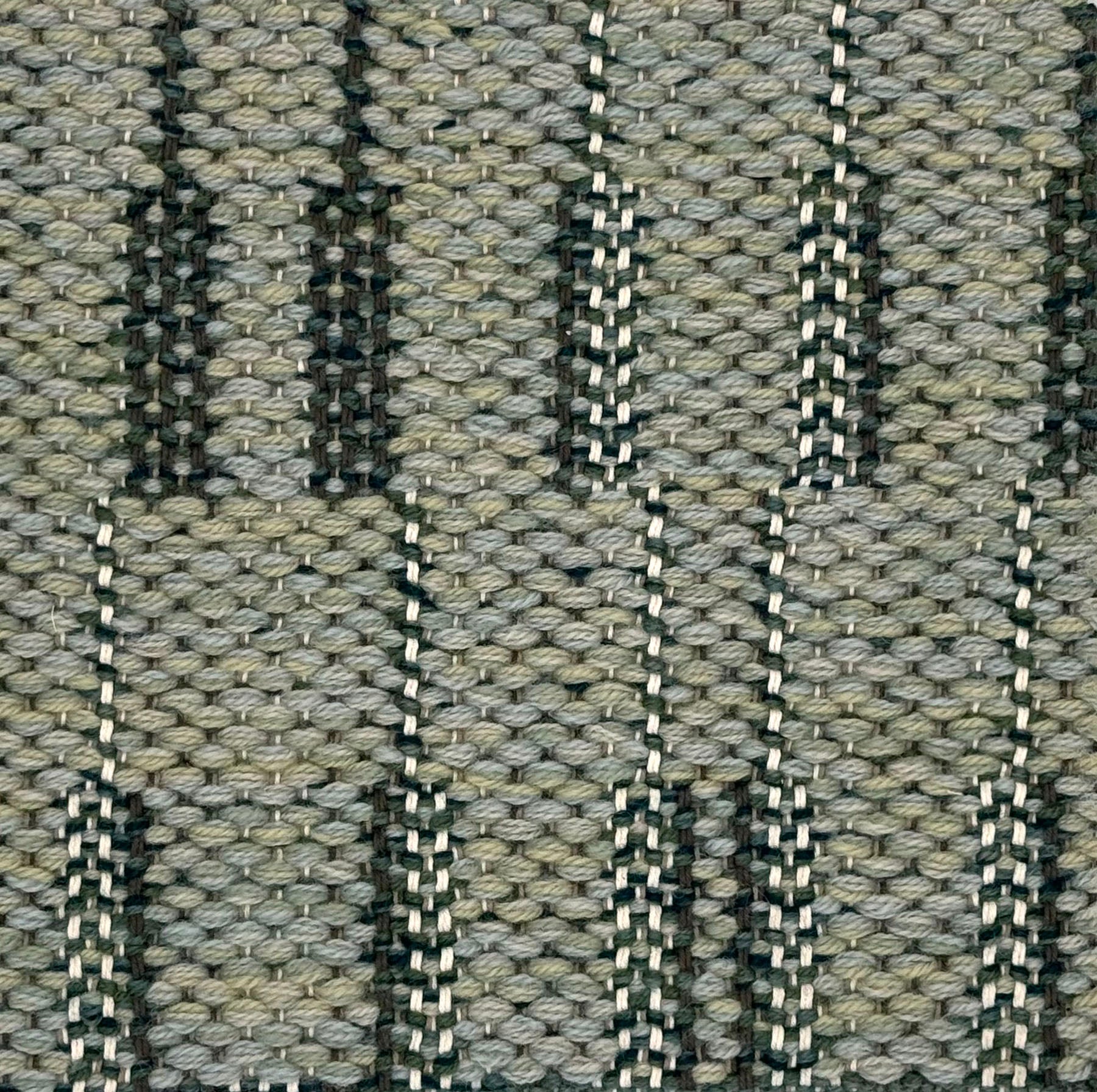 Close-up of a woven rug with a textured stacked stripe design in sage green, forest  green and cream. 
