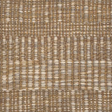 A close-up of a woven rug with a subtle stripe pattern in shades of taupe and tan. 
