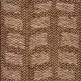 A close-up of a woven wool rug with alternating rectangles in warm beige, tan, and brown tones.
