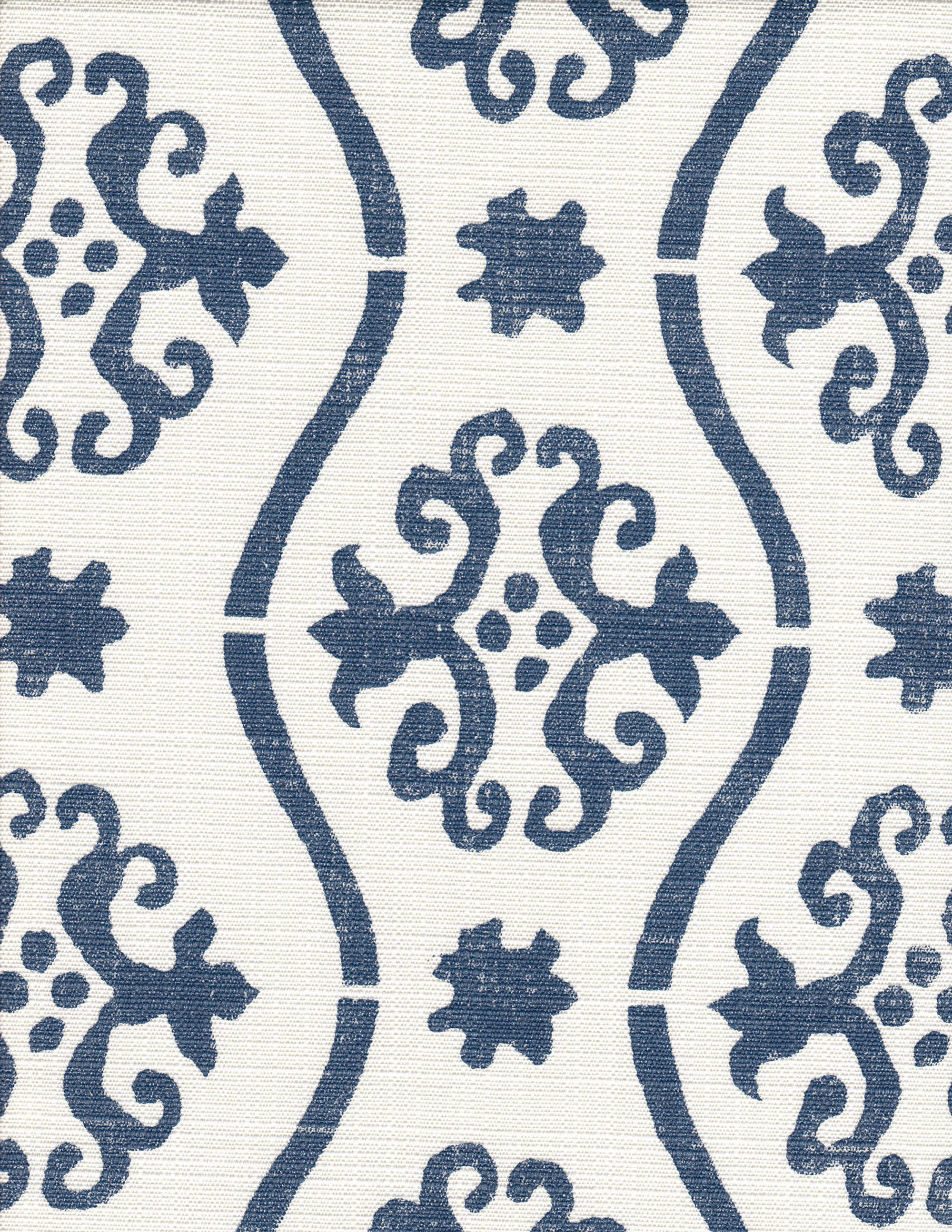 Detail of fabric in a damask stripe print in navy on a white field.