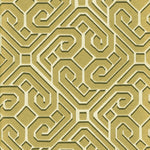 Detail of wallpaper in a geometric lattice print in gold and gray on a cream field.