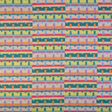 Detail of fabric in a playful geometric grid print in shades of pink, orange and green.