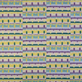Detail of fabric in a playful geometric grid print in shades of purple, yellow and green.