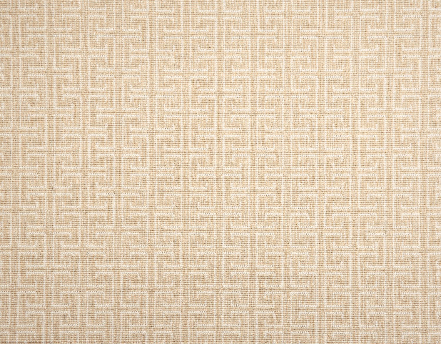 Broadloom carpet with geometric Greek pattern in ivory on warm beige. 
