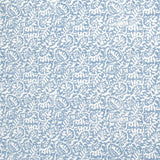 Detail of fabric in a dense paisley print in white on a light blue field.