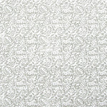 Detail of fabric in a dense paisley print in white on a light gray field.