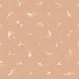 Detail of wallpaper in a playful animal and branch print in white on a coral field.