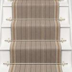 Striped flatweave runner in grey and tan on white staircase 