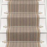 Striped flatweave runner in grey and tan on white staircase 
