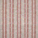 Detail of fabric in a dense tribal stripe pattern in shades of cream, pink and olive green. 
