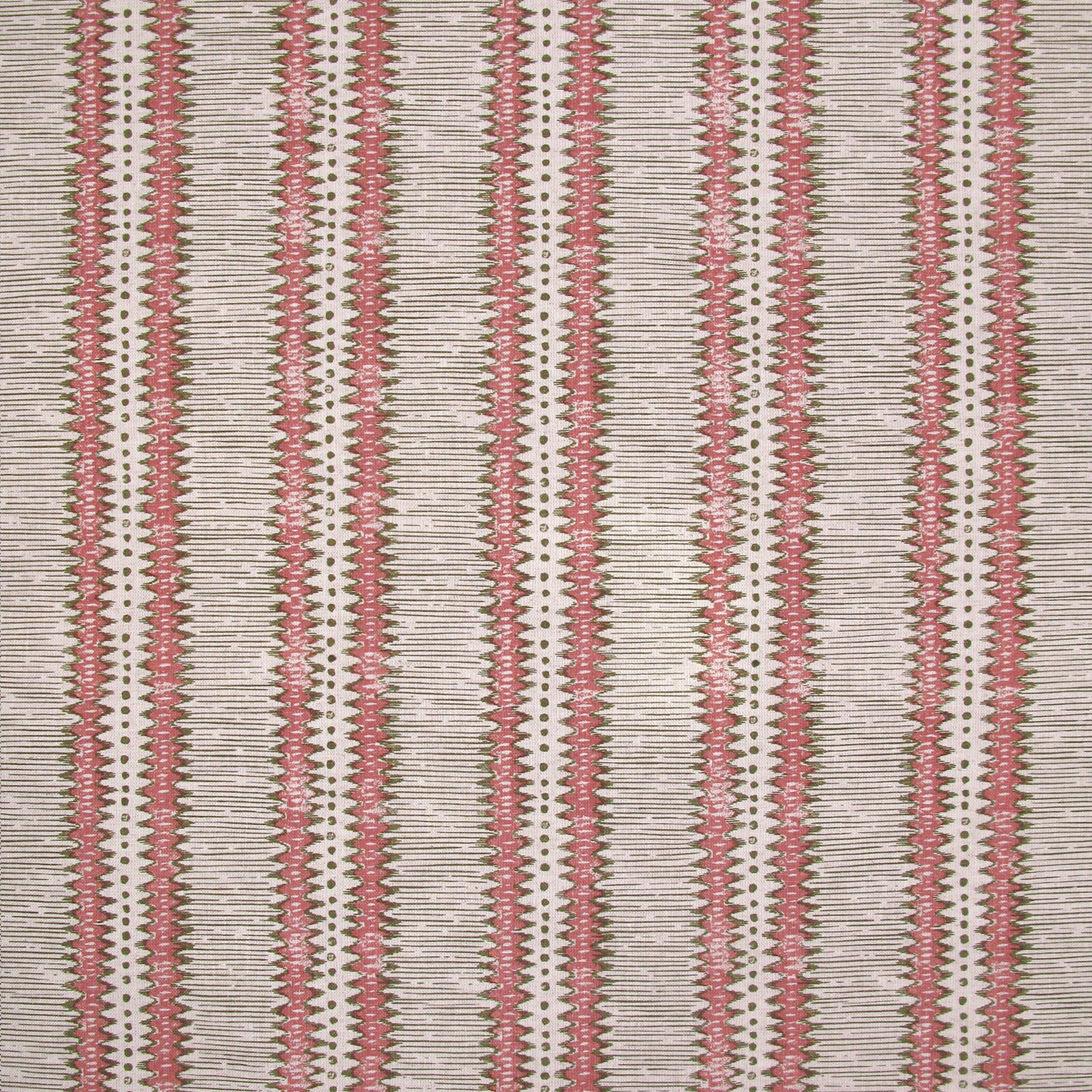 Detail of fabric in a dense tribal stripe pattern in shades of cream, pink and olive green. 