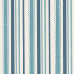 Detail of wallpaper in a playful ticking stripe print in shades of turquoise and navy on a cream field.