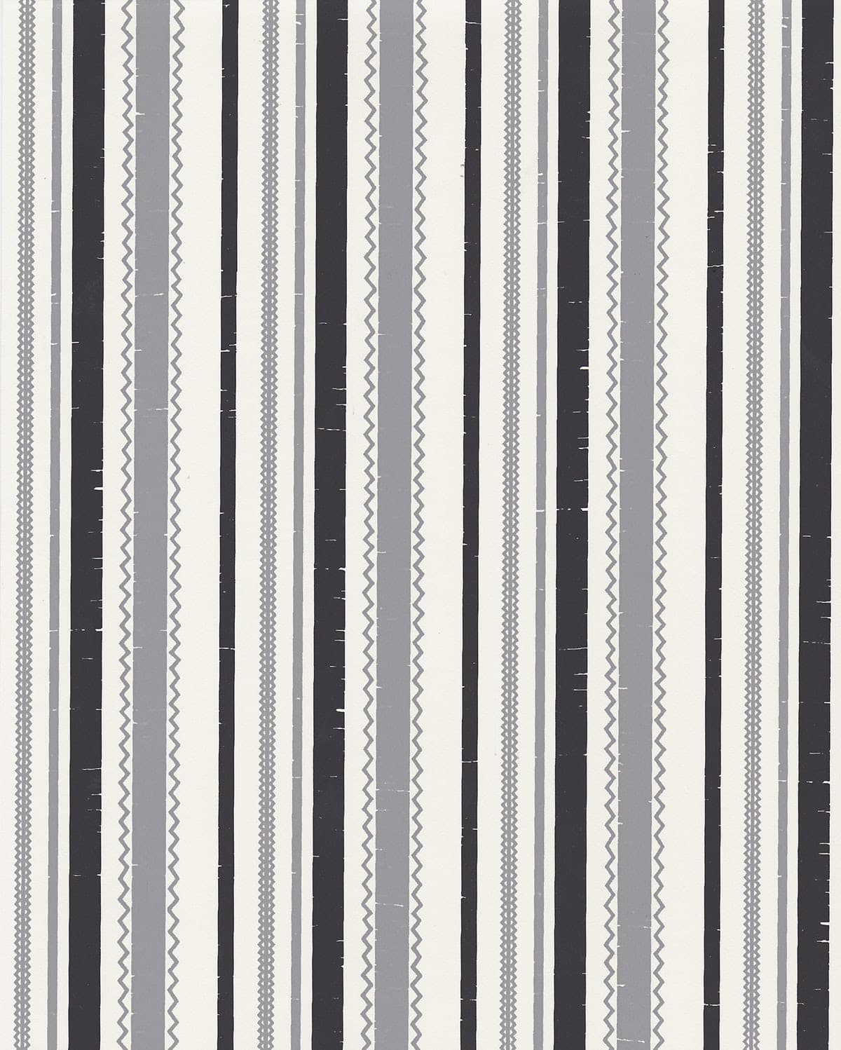 Detail of wallpaper in a playful ticking stripe print in shades of gray and charcoal on a cream field.