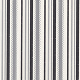 Detail of wallpaper in a playful ticking stripe print in shades of gray and charcoal on a cream field.