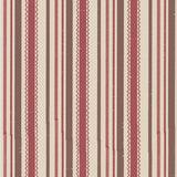Detail of wallpaper in a playful ticking stripe print in shades of red and brown on a tan field.