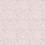 Wallpaper pattern with a detailed floral pattern in white on pink.