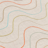Detail of fabric with an embroidered undulating stripe pattern in shades of yellow, red and blue on a cream field.