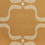 Detail of fabric in a leafy lattice print in cream on a burnt orange field.