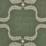 Detail of fabric in a leafy lattice print in cream on a hunter green field.