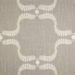 Detail of fabric in a leafy lattice print in cream on a light brown field.